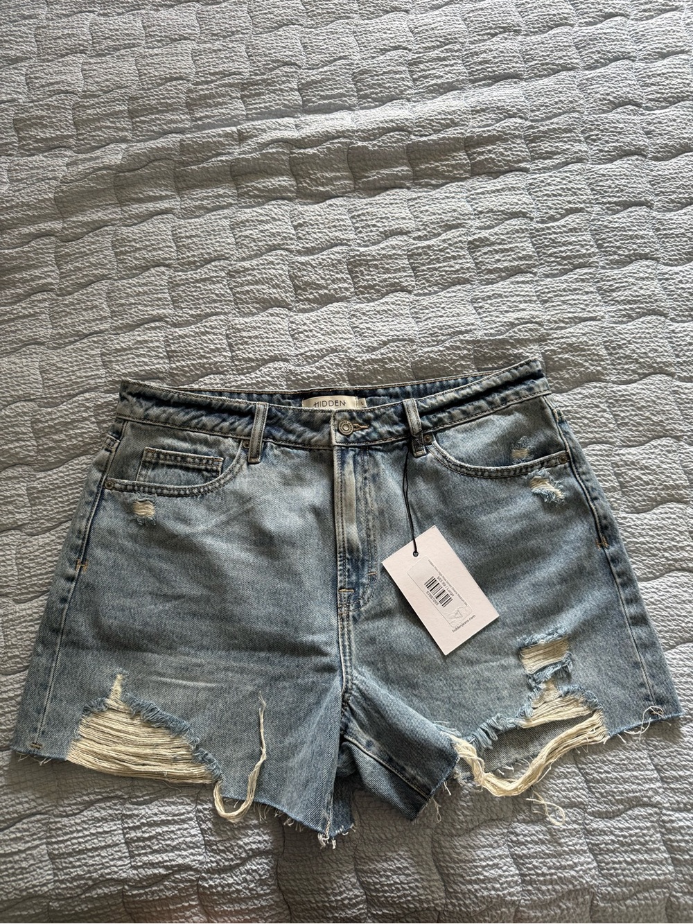 Faded Light Blue Distressed Denim Shorts - Hidden